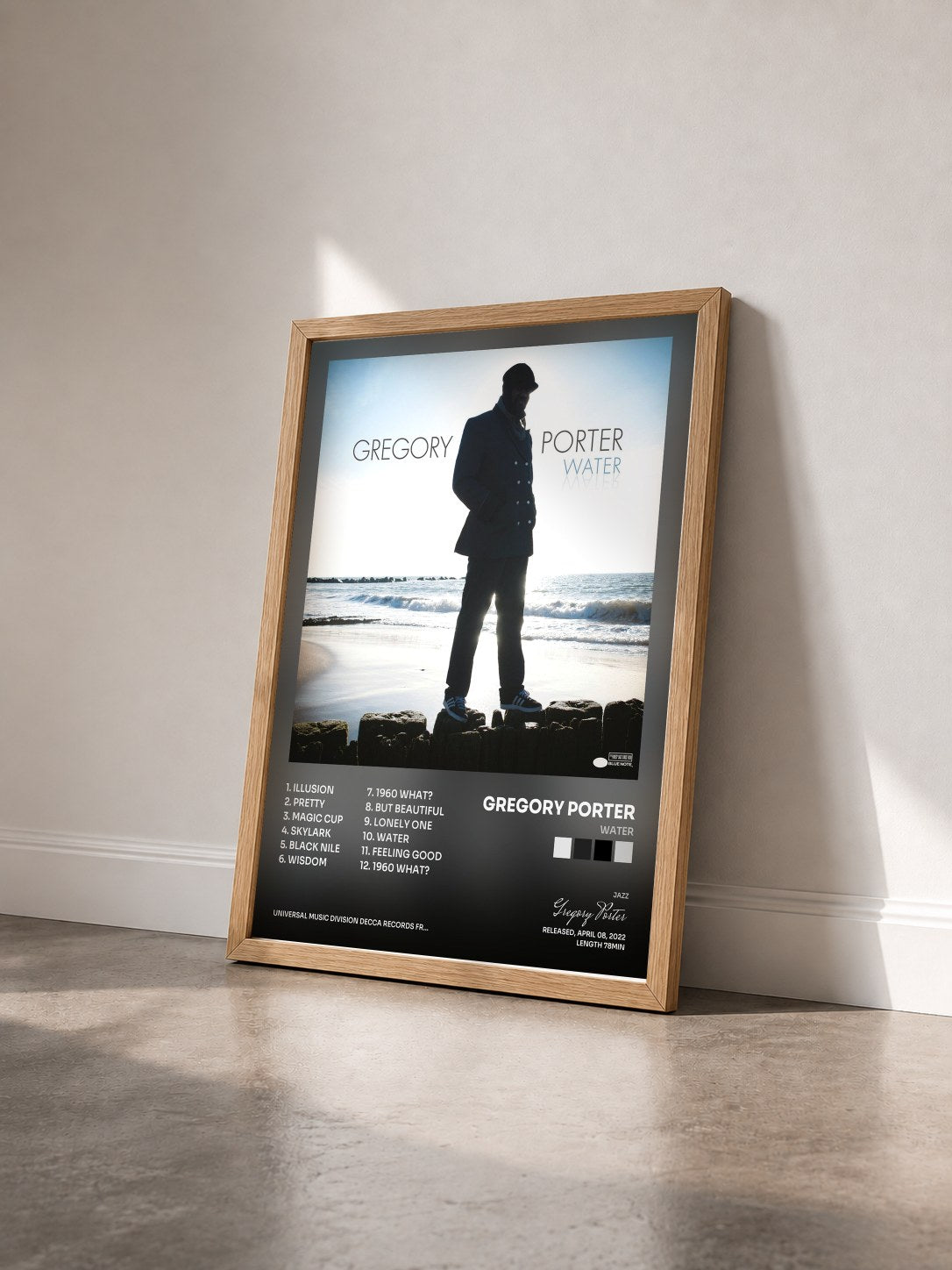 #bois Tableau de l'album Water de Gregory Porter vu de trois quarts, cadre en bois brut