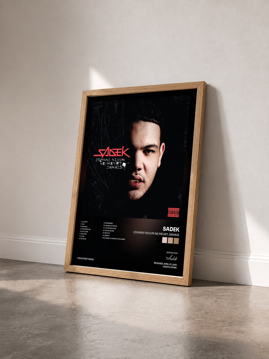 #bois Tableau de l'album Johnny Niuum ne meurt jamais de Sadek vu de trois quarts, cadre en bois brut