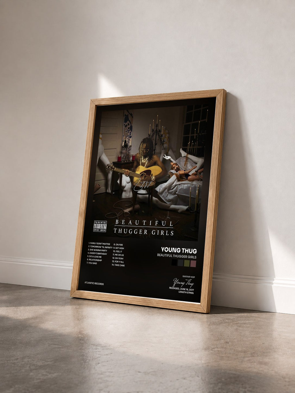 #bois Tableau de l'album Beautiful Thugger Girls de Young Thug vu de trois quarts, cadre en bois brut