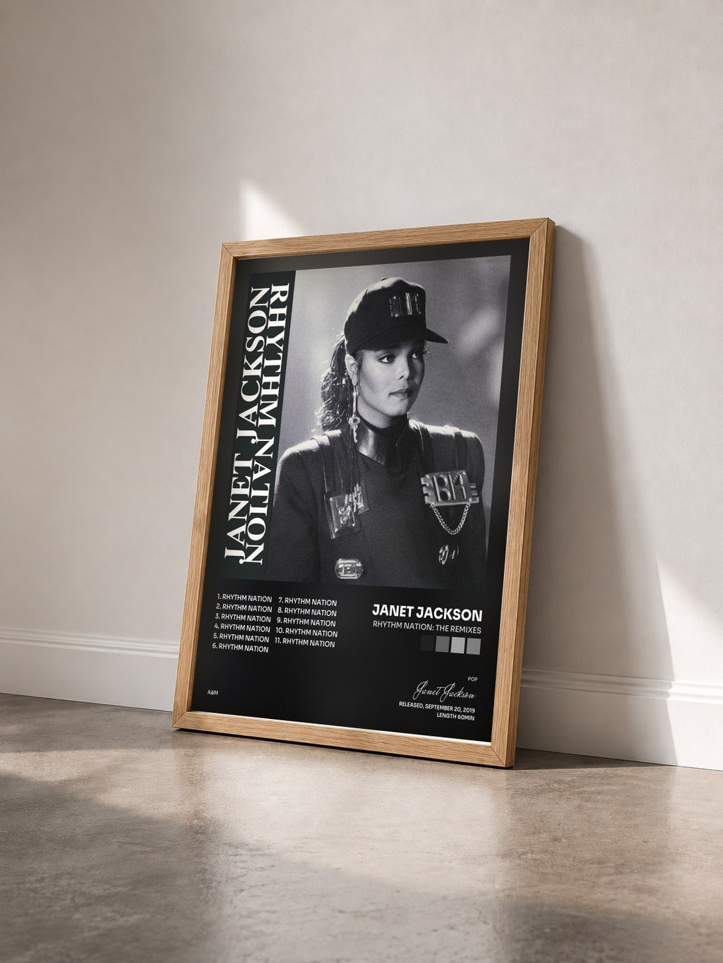 #bois Tableau de l'album Rhythm Nation: The Remixes de Janet Jackson vu de trois quarts, cadre en bois brut