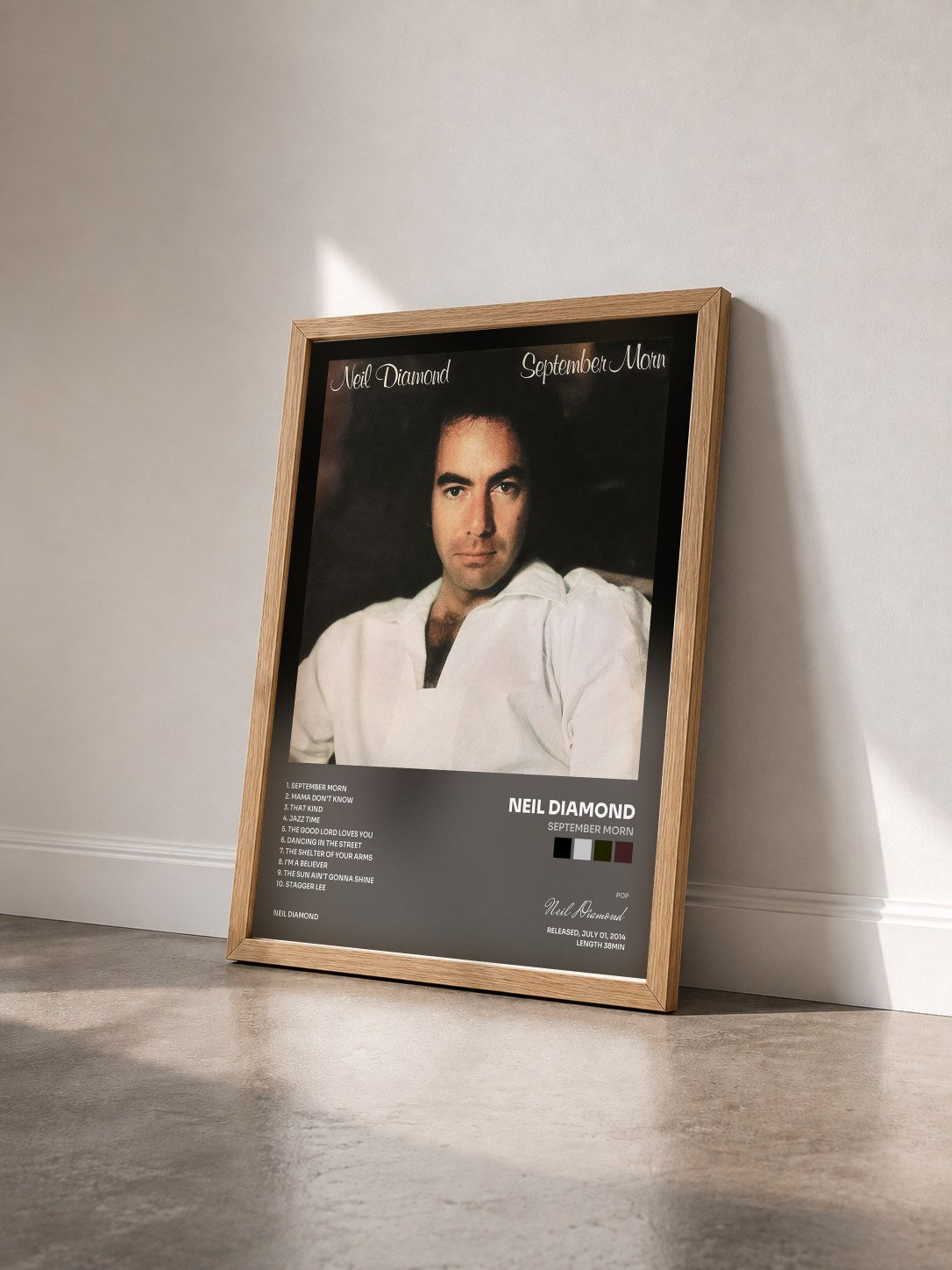 #bois Tableau de l'album September Morn de Neil Diamond vu de trois quarts, cadre en bois brut