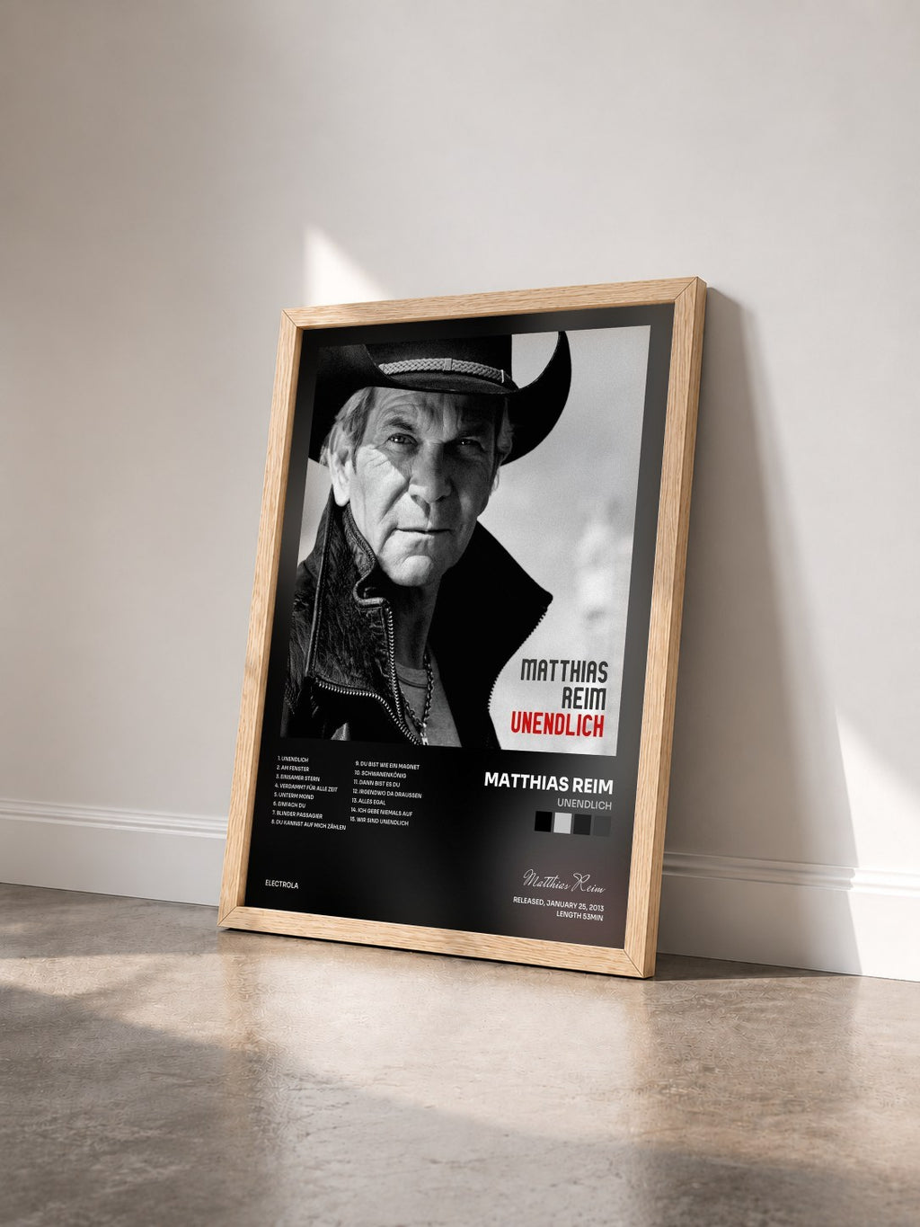 #bois Tableau de l'album Unendlich de Matthias Reim vu de trois quarts, cadre en bois brut