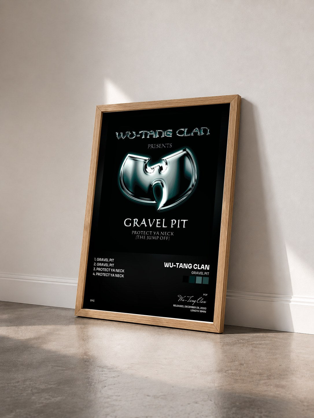 #bois Tableau de l'album Gravel Pit de Wu-Tang Clan vu de trois quarts, cadre en bois brut