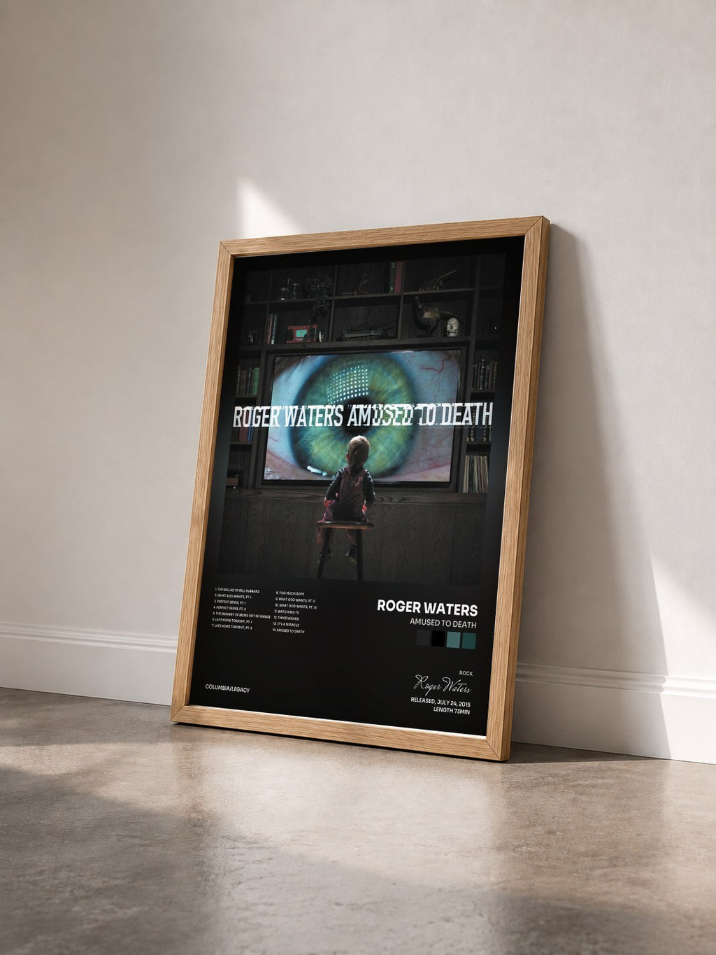 #bois Tableau de l'album Amused to Death de Roger Waters vu de trois quarts, cadre en bois brut