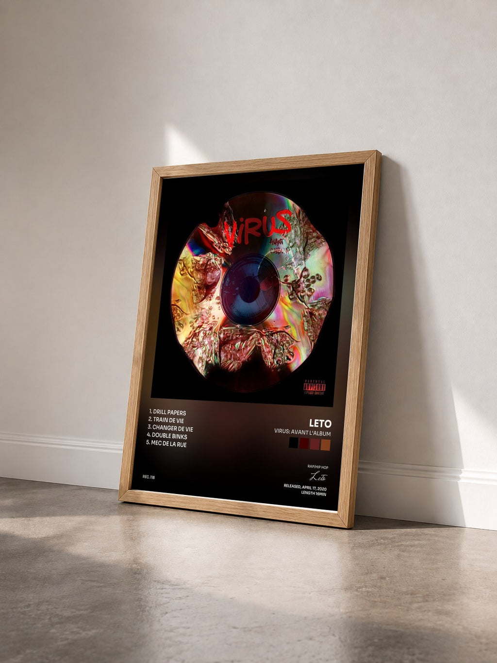 #bois Tableau de l'album Virus: avant l'album de Leto vu de trois quarts, cadre en bois brut