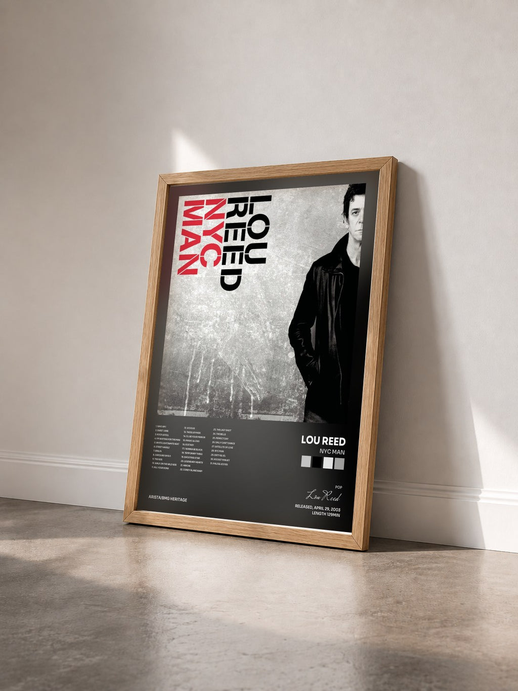 #bois Tableau de l'album NYC Man de Lou Reed vu de trois quarts, cadre en bois brut