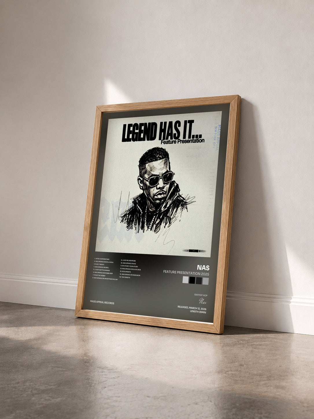 #bois Tableau de l'album Feature Presentation 2025 de Nas vu de trois quarts, cadre en bois brut