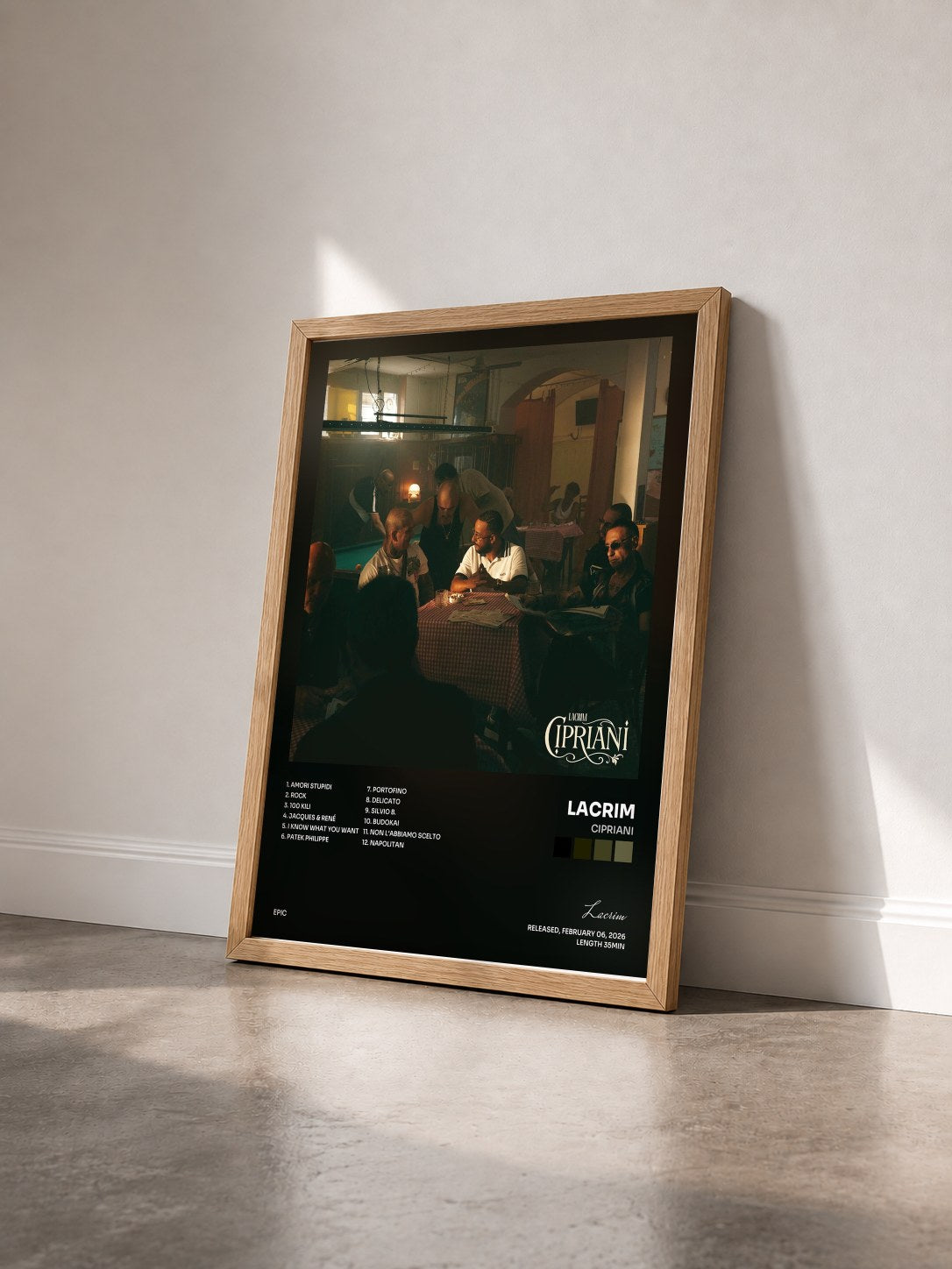 #bois Tableau de l'album Cipriani de Lacrim vu de trois quarts, cadre en bois brut