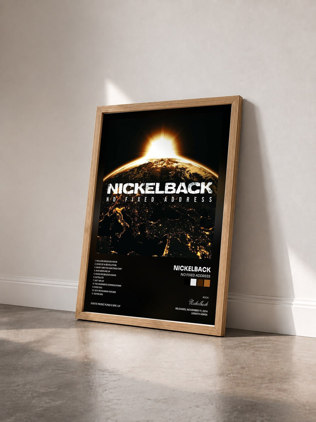 #bois Tableau de l'album No Fixed Address de Nickelback vu de trois quarts, cadre en bois brut