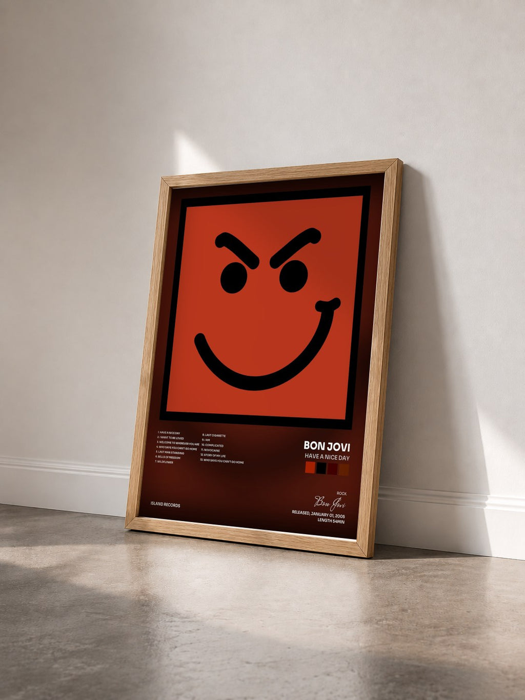 #bois Tableau de l'album Have A Nice Day de Bon Jovi vu de trois quarts, cadre en bois brut