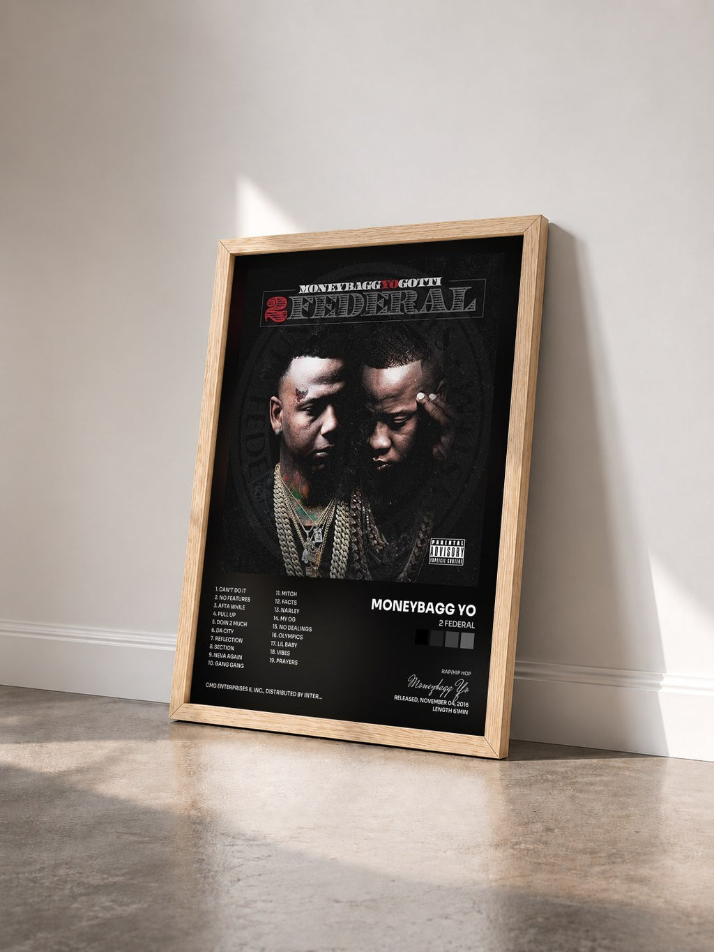 #bois Tableau de l'album 2 Federal de Moneybagg Yo vu de trois quarts, cadre en bois brut