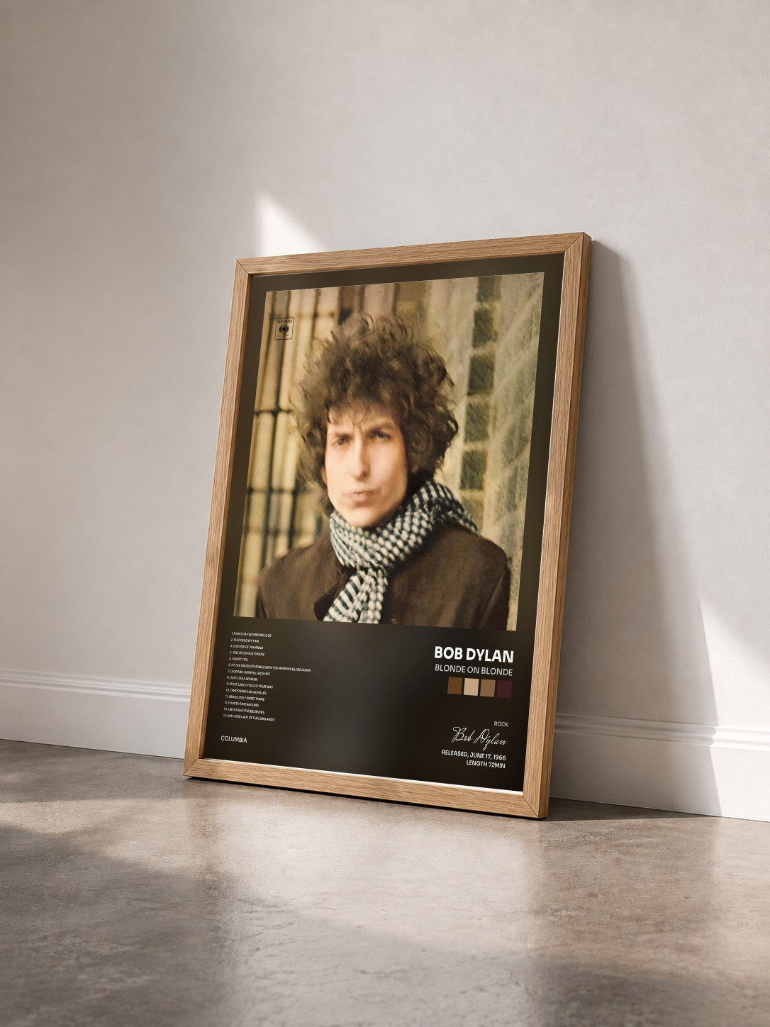 #bois Tableau de l'album Blonde On Blonde de Bob Dylan vu de trois quarts, cadre en bois brut