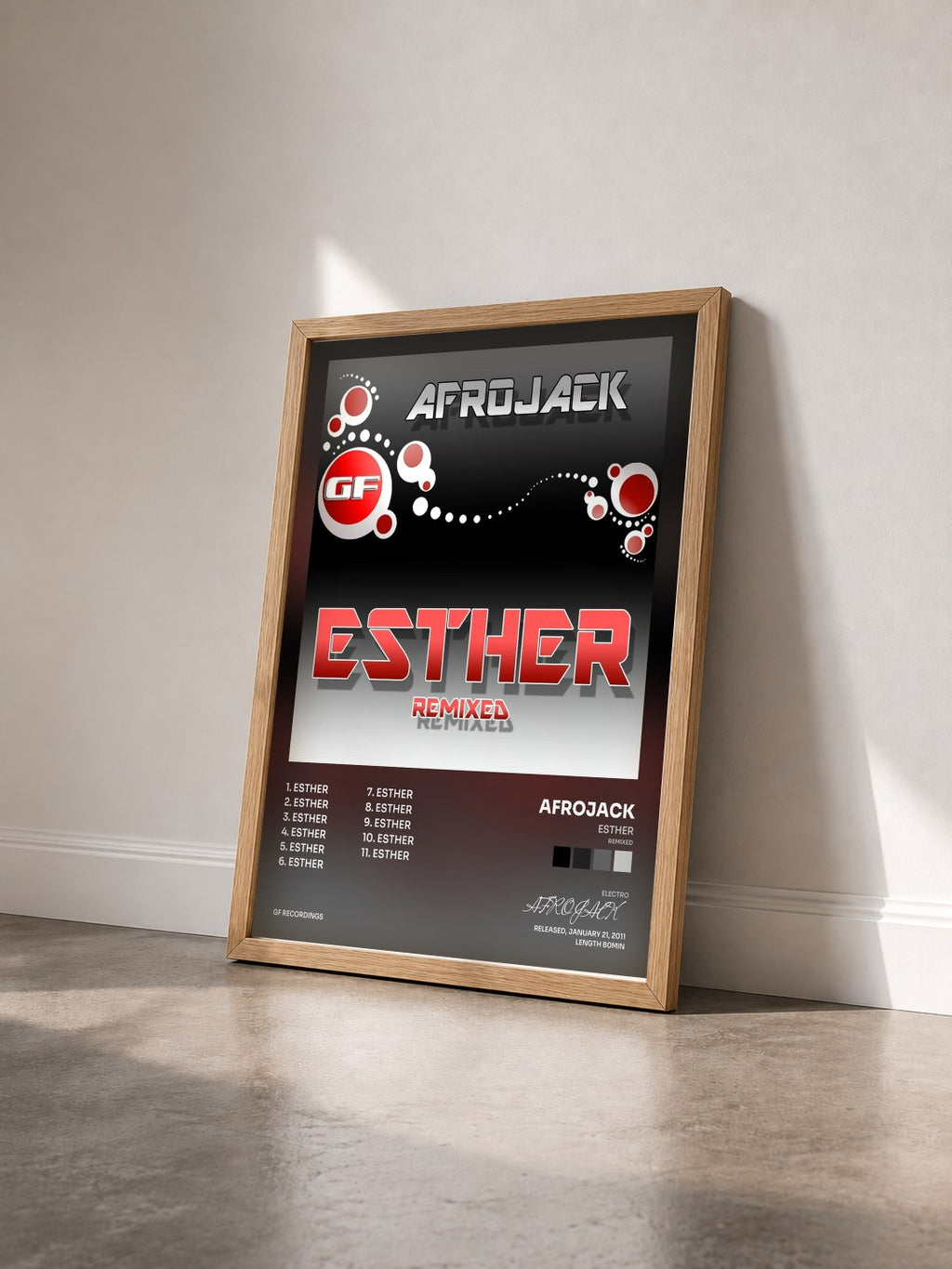 #bois Tableau de l'album Esther (Remixed) de AFROJACK vu de trois quarts, cadre en bois brut
