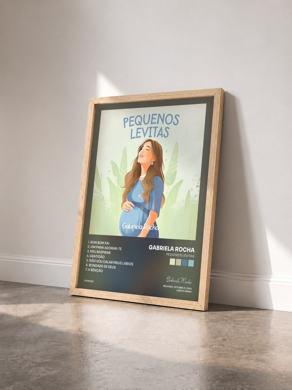 #bois Tableau de l'album Pequenos Levitas de Gabriela Rocha vu de trois quarts, cadre en bois brut