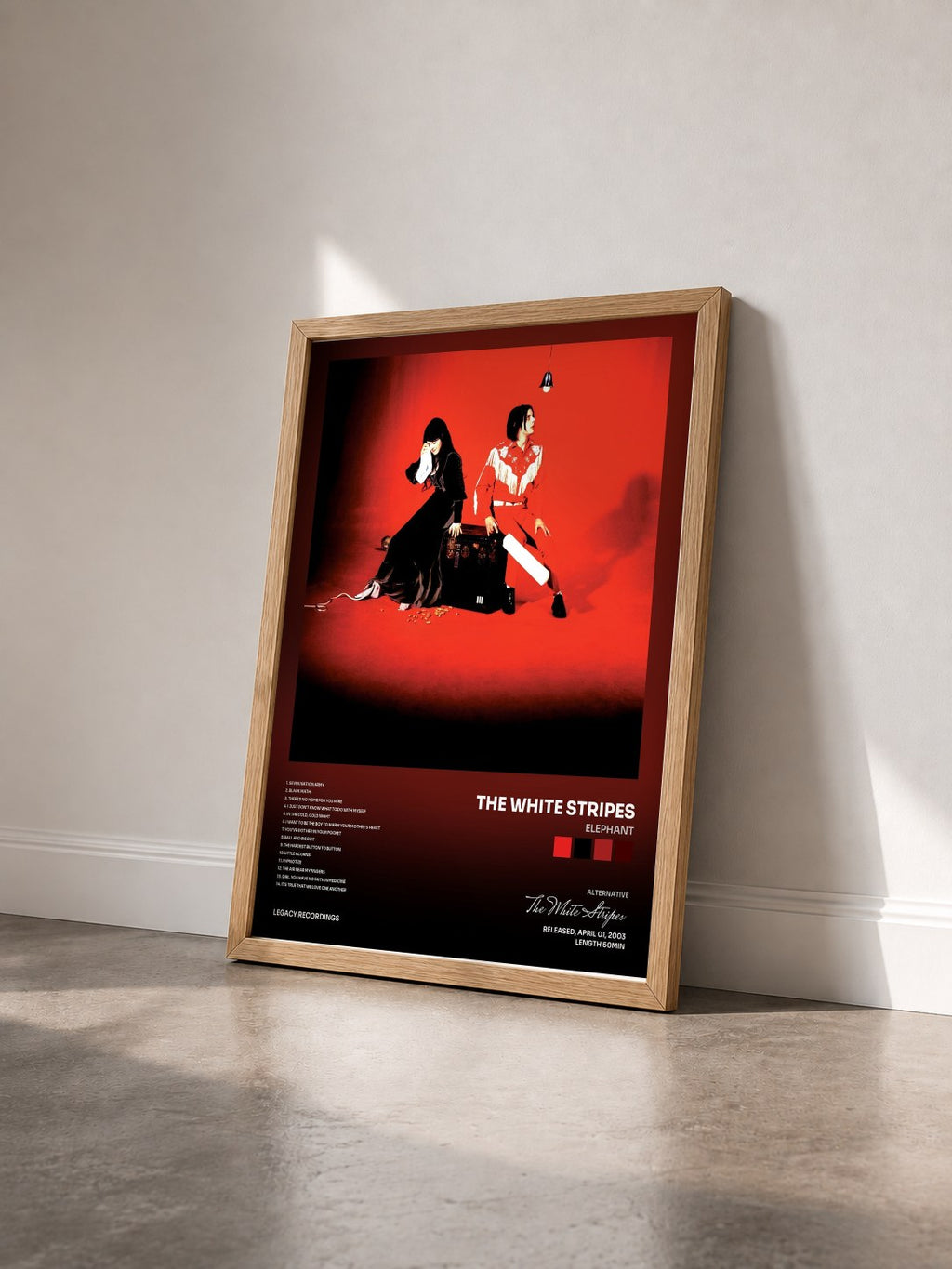 #bois Tableau de l'album Elephant de The White Stripes vu de trois quarts, cadre en bois brut