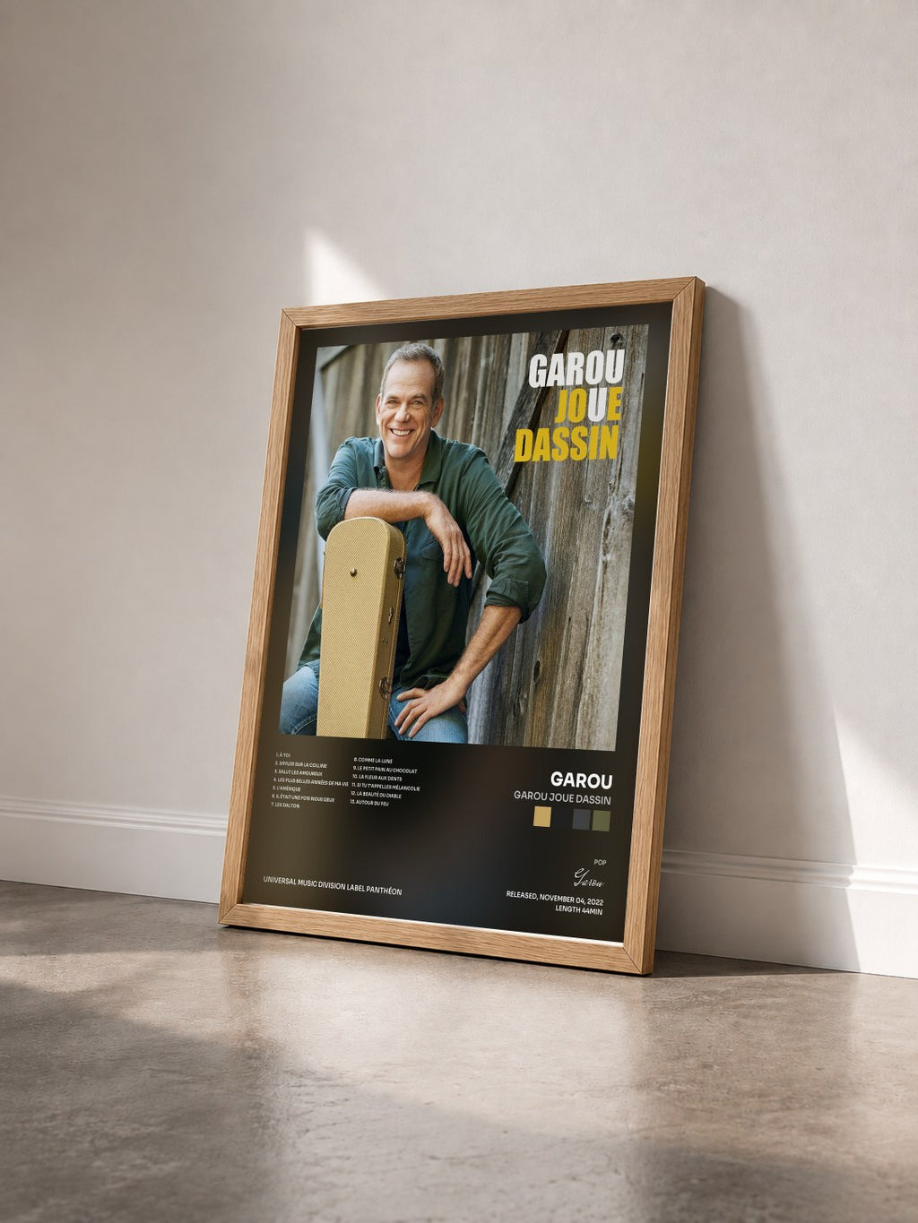 #bois Tableau de l'album Garou joue Dassin de Garou vu de trois quarts, cadre en bois brut