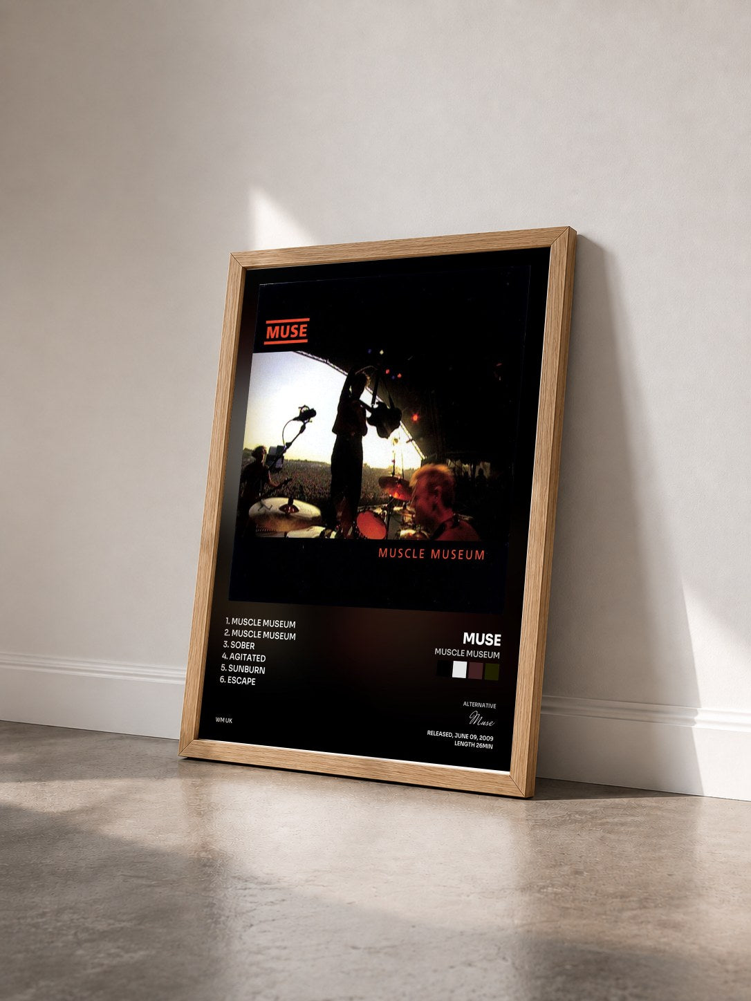 #bois Tableau de l'album Muscle Museum de Muse vu de trois quarts, cadre en bois brut