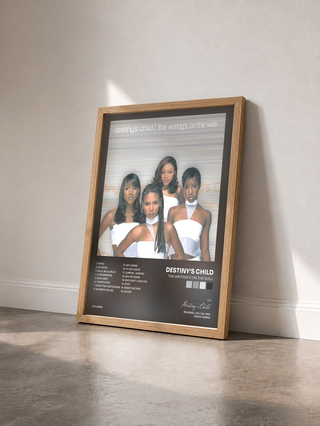 #bois Tableau de l'album The Writing's On The Wall de Destiny's Child vu de trois quarts, cadre en bois brut