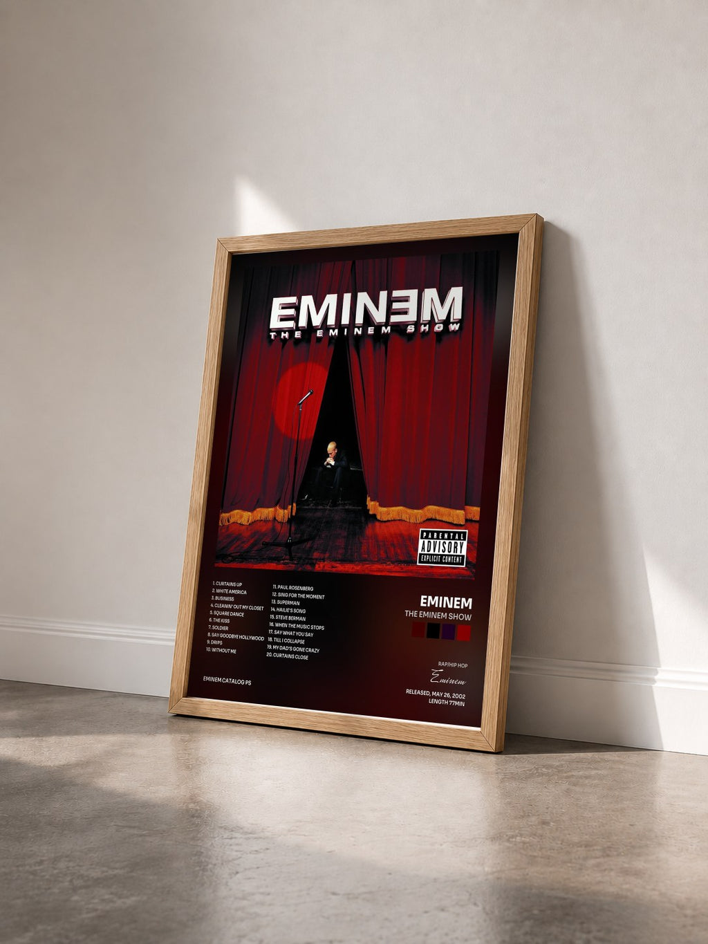 #bois Tableau de l'album The Eminem Show de Eminem vu de trois quarts, cadre en bois brut