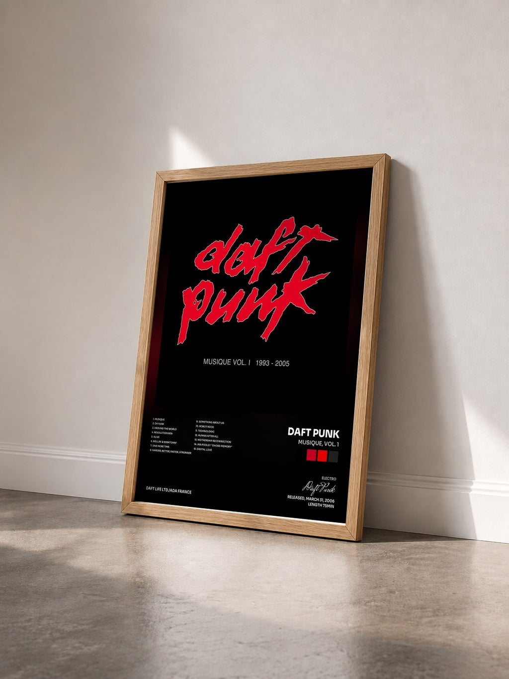 #bois Tableau de l'album Musique, Vol. 1 de Daft Punk vu de trois quarts, cadre en bois brut