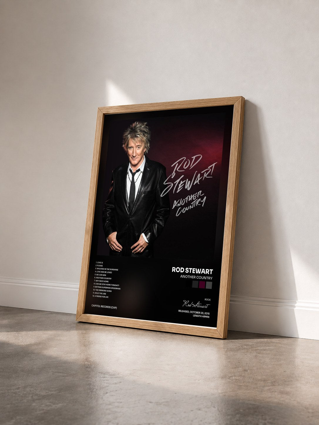 #bois Tableau de l'album Another Country de Rod Stewart vu de trois quarts, cadre en bois brut