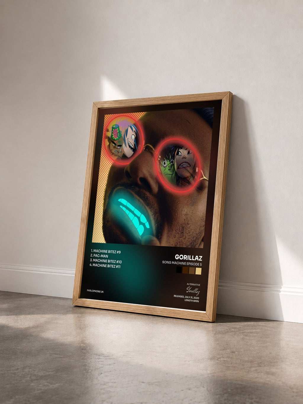 #bois Tableau de l'album Song Machine Episode 5 de Gorillaz vu de trois quarts, cadre en bois brut