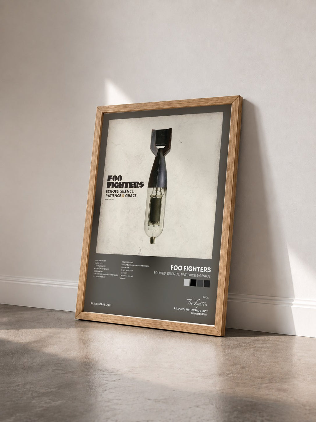 #bois Tableau de l'album Echoes, Silence, Patience & Grace de Foo Fighters vu de trois quarts, cadre en bois brut