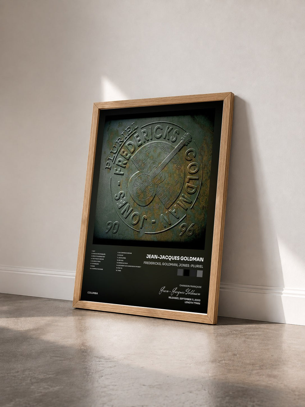 #bois Tableau de l'album Fredericks, Goldman, Jones : Pluriel de Jean-Jacques Goldman vu de trois quarts, cadre en bois brut