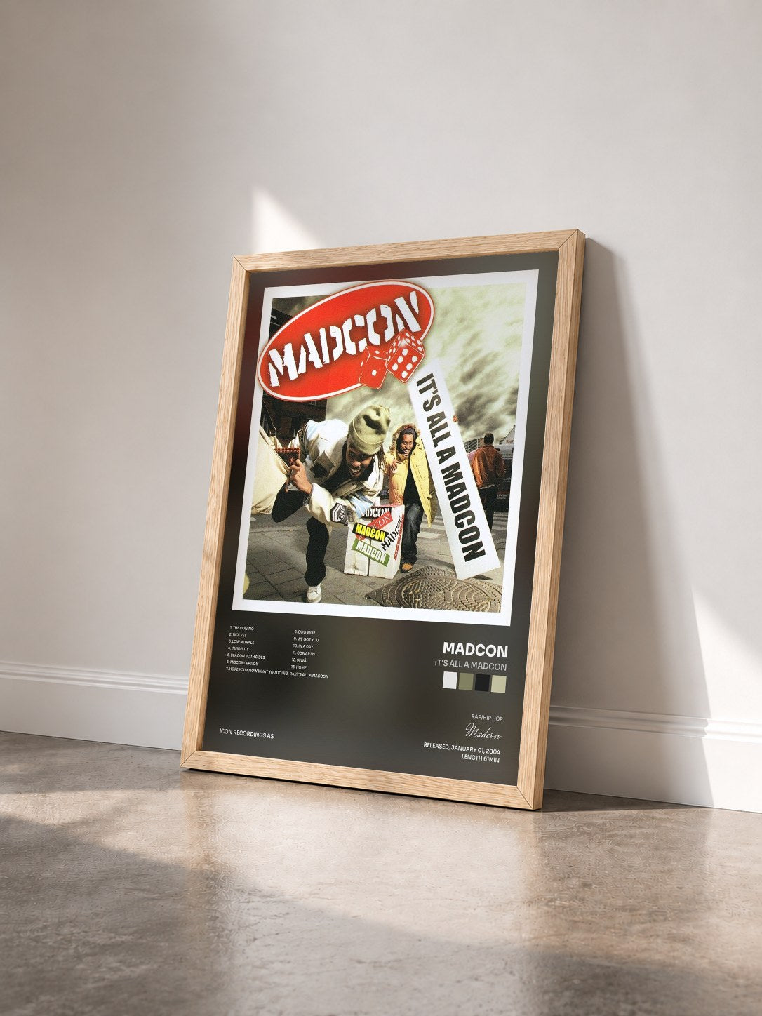 #bois Tableau de l'album It's All a Madcon de Madcon vu de trois quarts, cadre en bois brut