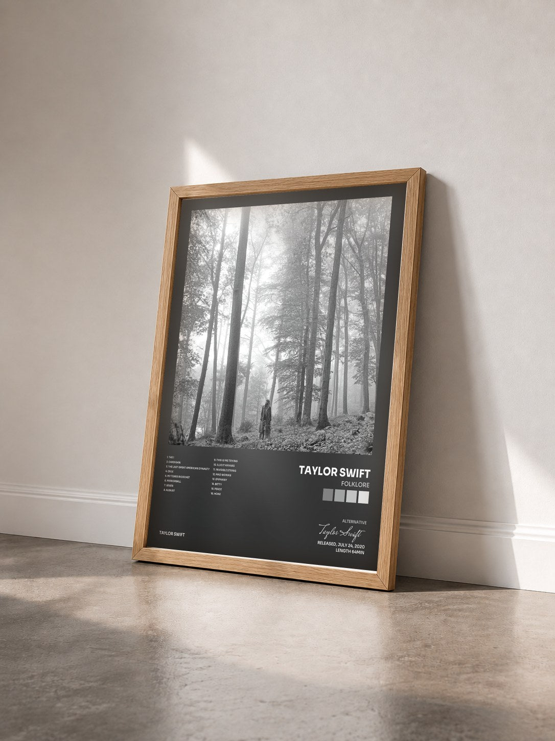 #bois Tableau de l'album folklore de Taylor Swift vu de trois quarts, cadre en bois brut