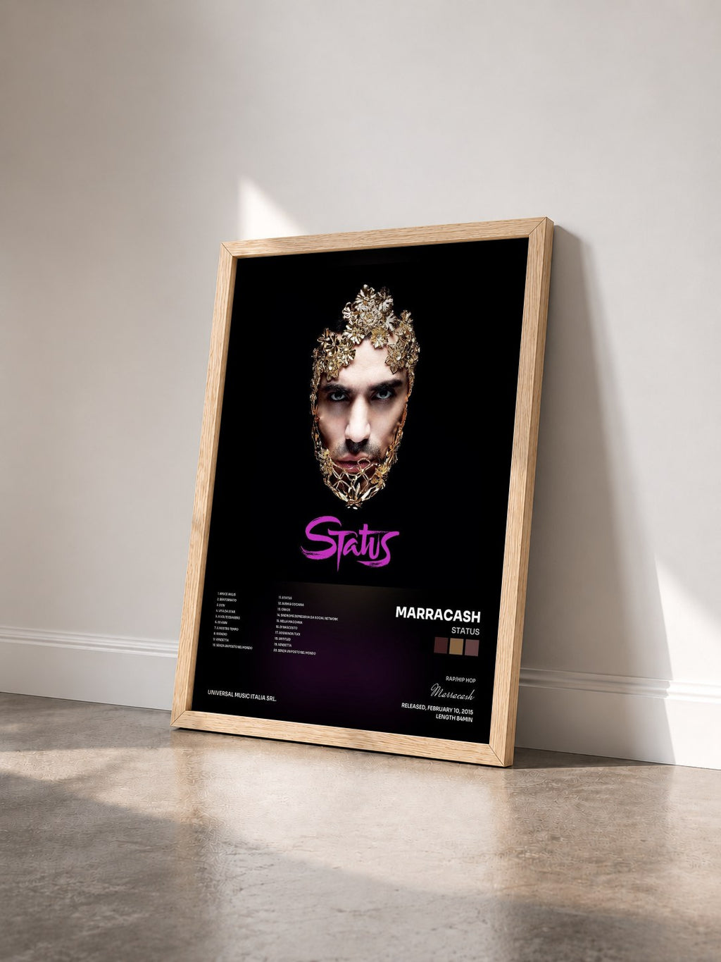 #bois Tableau de l'album Status de Marracash vu de trois quarts, cadre en bois brut