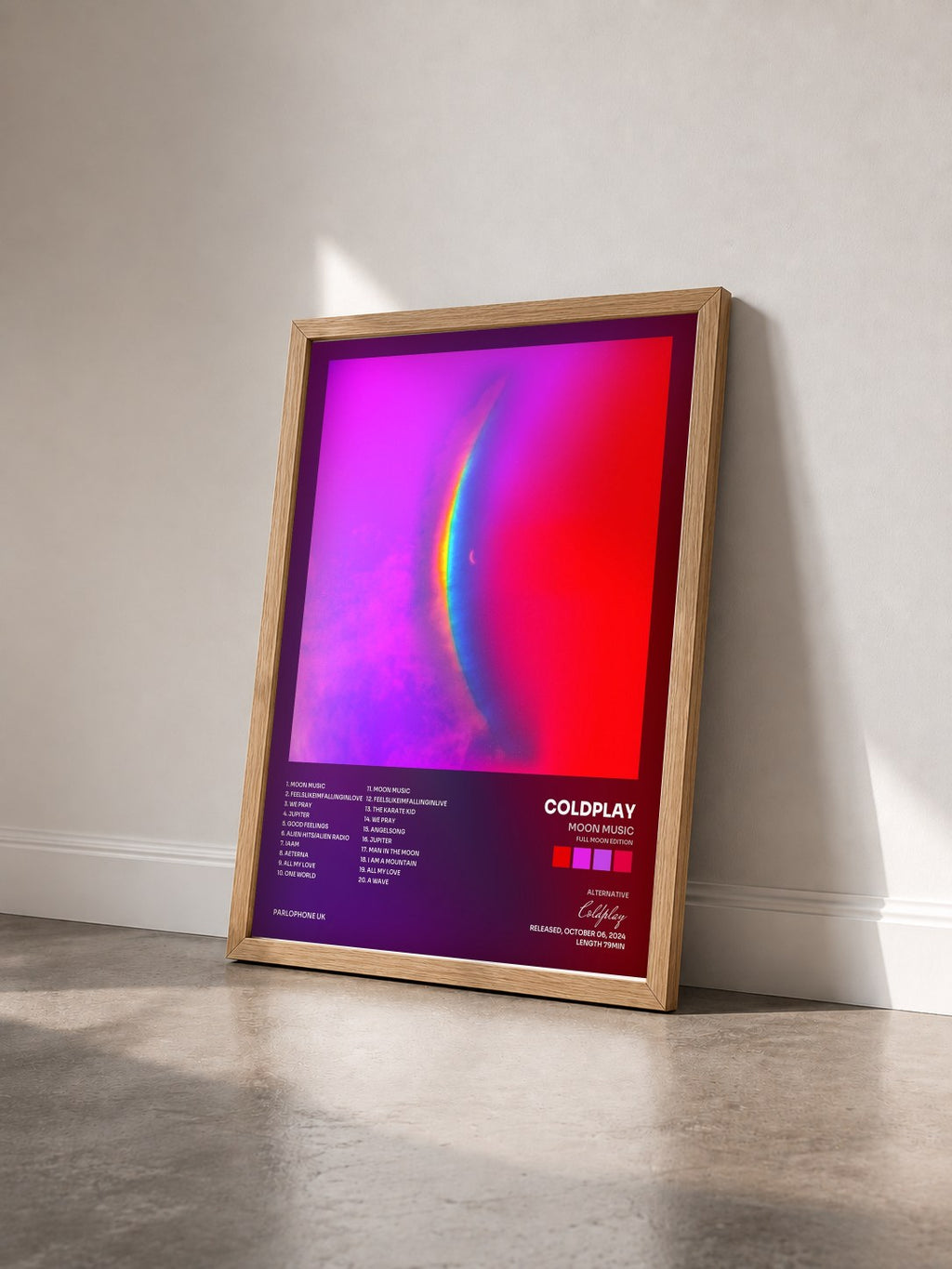 #bois Tableau de l'album Moon Music (Full Moon Edition) de Coldplay vu de trois quarts, cadre en bois brut