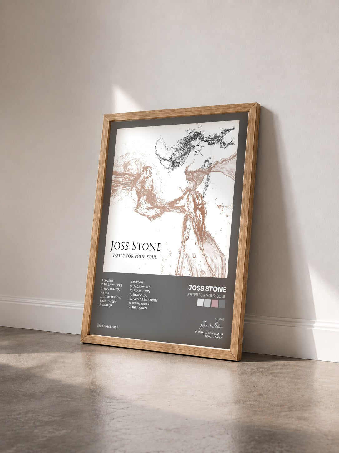 #bois Tableau de l'album Water for Your Soul de Joss Stone vu de trois quarts, cadre en bois brut