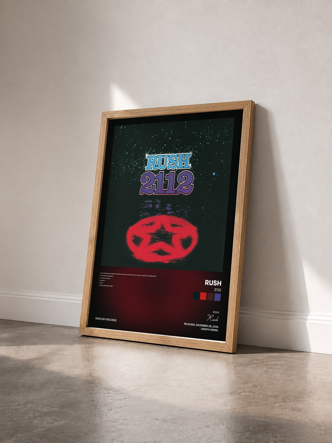 #bois Tableau de l'album 2112 de Rush vu de trois quarts, cadre en bois brut