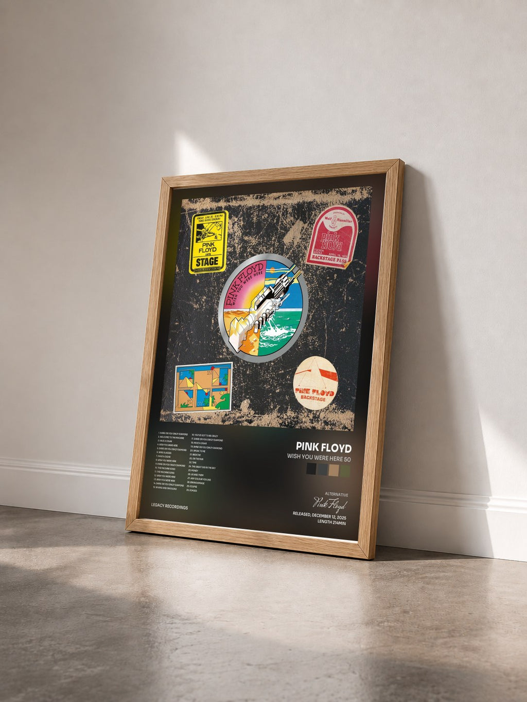 #bois Tableau de l'album Wish You Were Here 50 de Pink Floyd vu de trois quarts, cadre en bois brut