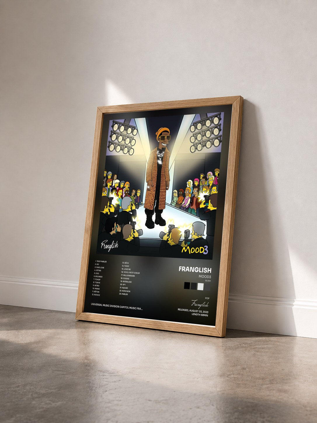 #bois Tableau de l'album MOOD3 (Glish) de Franglish vu de trois quarts, cadre en bois brut