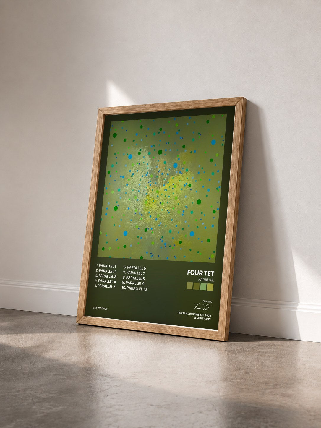 #bois Tableau de l'album Parallel de Four Tet vu de trois quarts, cadre en bois brut
