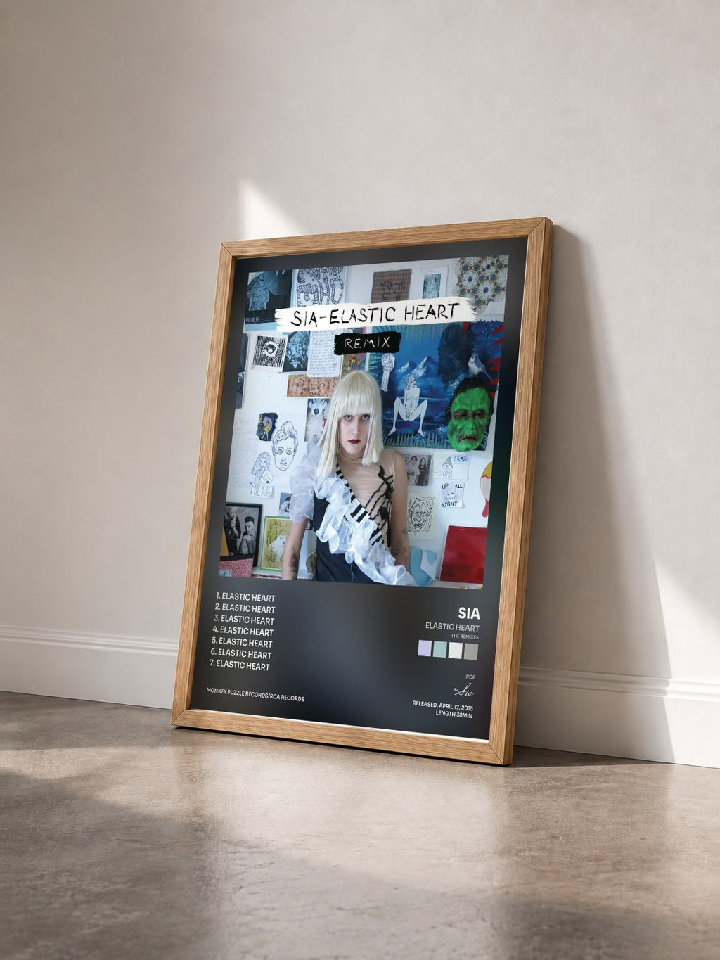 #bois Tableau de l'album Elastic Heart (The Remixes) de Sia vu de trois quarts, cadre en bois brut