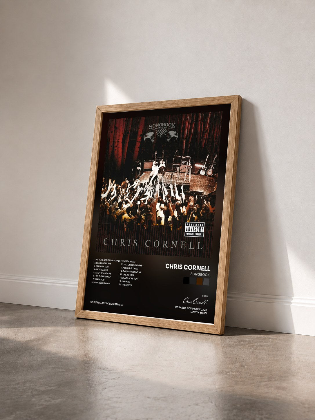 #bois Tableau de l'album Songbook de Chris Cornell vu de trois quarts, cadre en bois brut