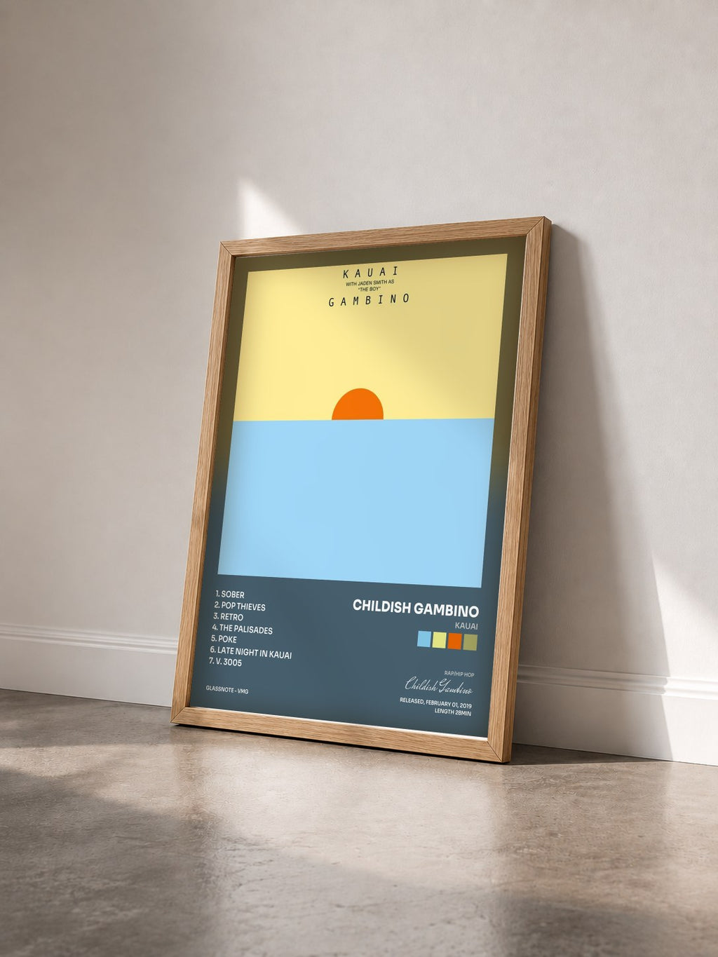 #bois Tableau de l'album Kauai de Childish Gambino vu de trois quarts, cadre en bois brut