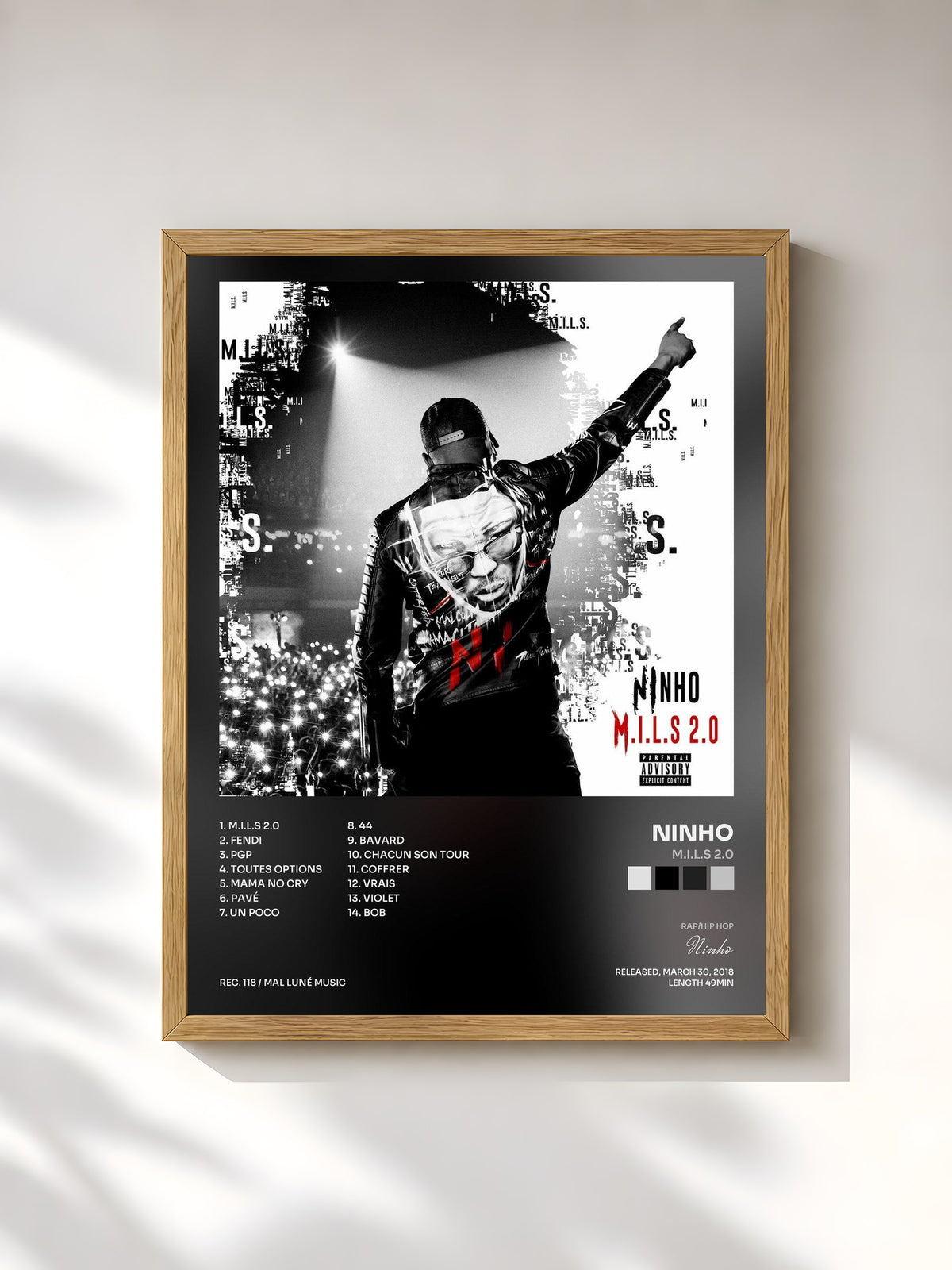 #bois Tableau de l'album M.I.L.S 2.0 de Ninho, cadre en bois brut, imprimé et encadré en France