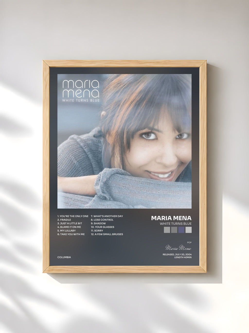 #bois Tableau de l'album White Turns Blue de Maria Mena, cadre en bois brut, imprimé et encadré en France