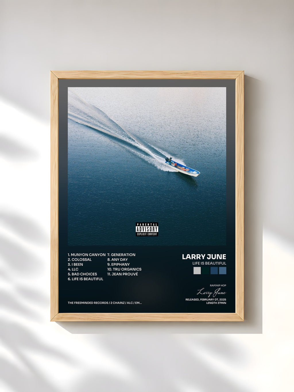 #bois Tableau de l'album Life Is Beautiful de Larry June, cadre en bois brut, imprimé et encadré en France
