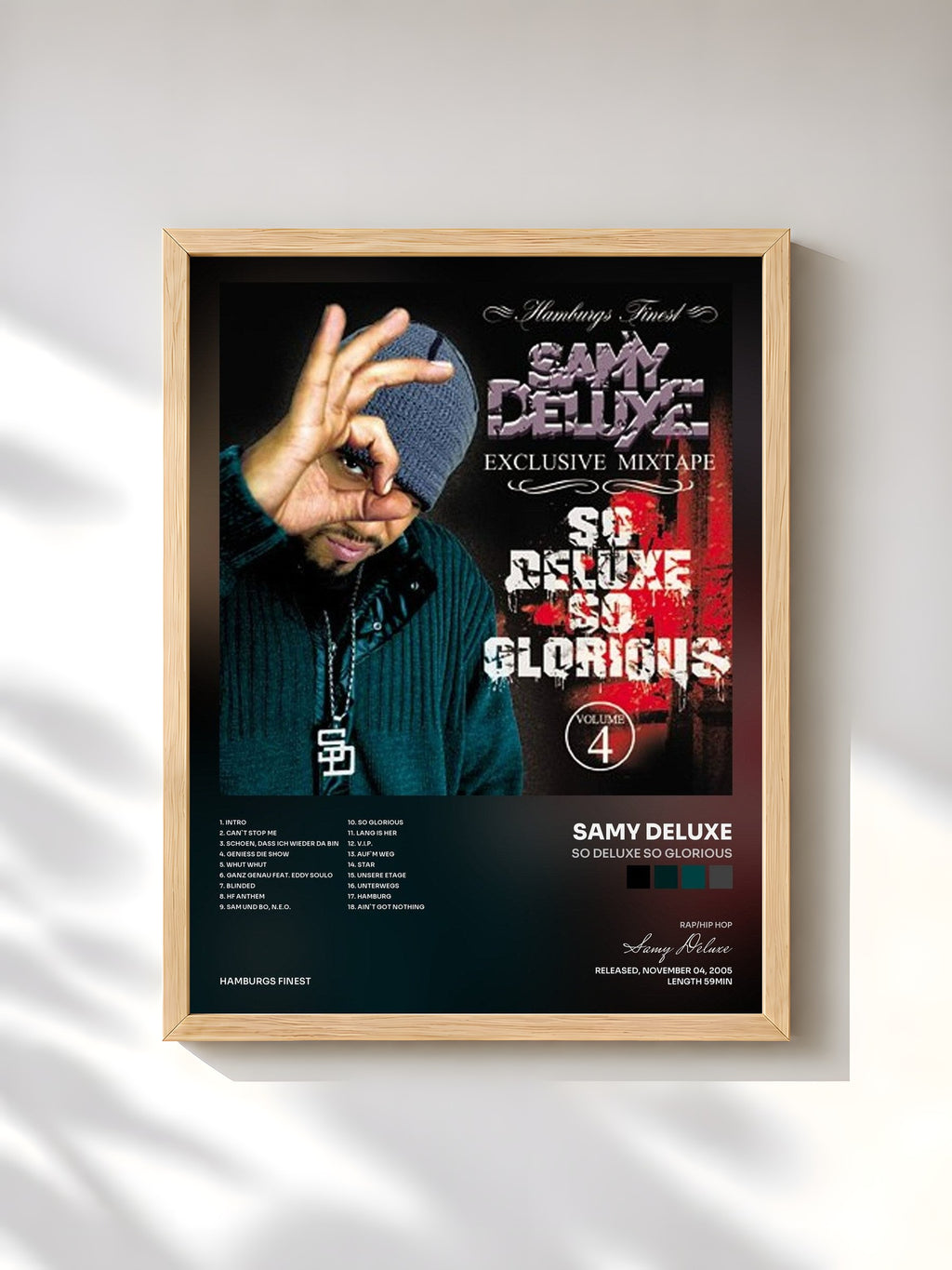 #bois Tableau de l'album So Deluxe so Glorious de Samy Deluxe, cadre en bois brut, imprimé et encadré en France