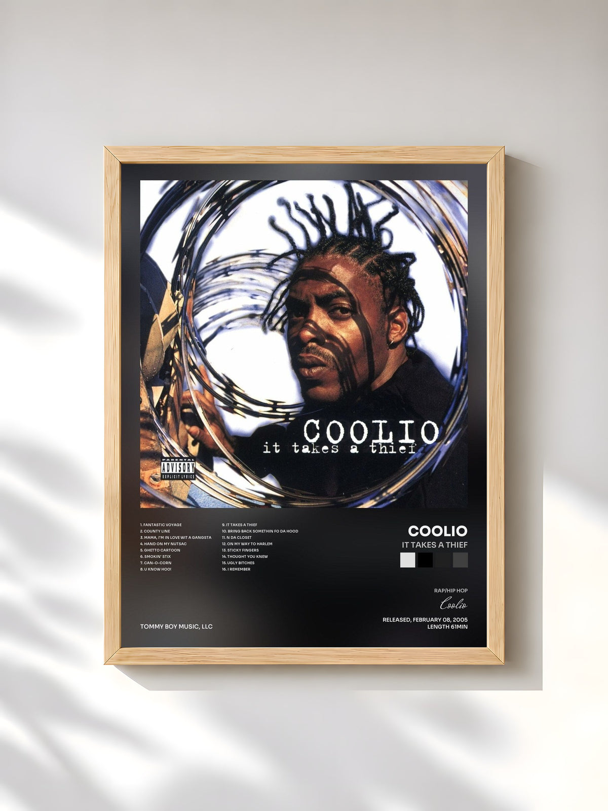 #bois Tableau de l'album It Takes a Thief de Coolio, cadre en bois brut, imprimé et encadré en France