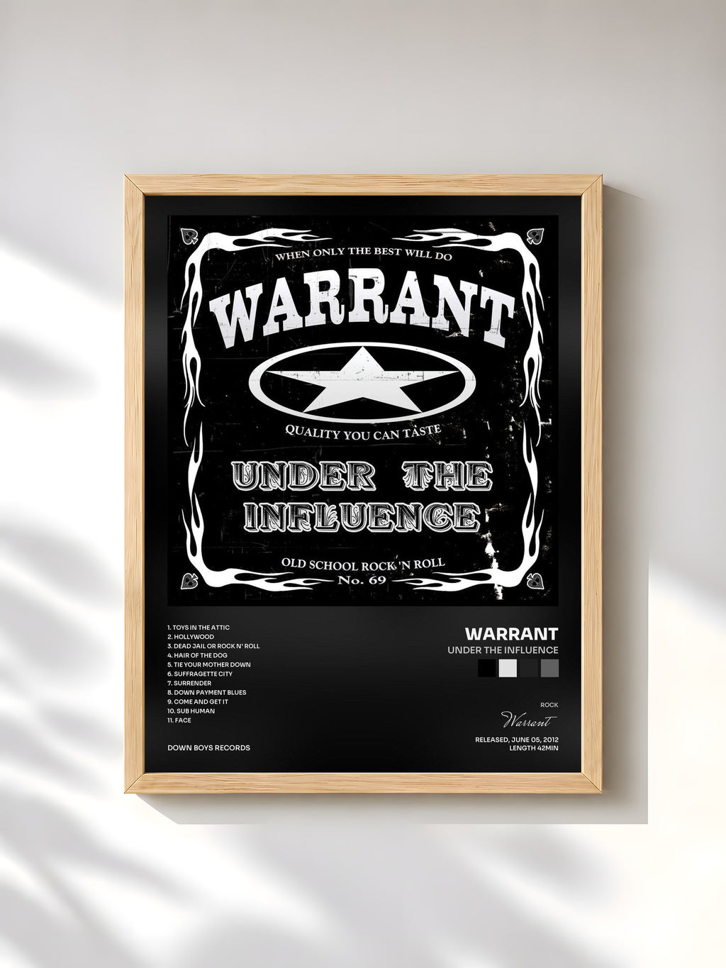 #bois Tableau de l'album Under the Influence de Warrant, cadre en bois brut, imprimé et encadré en France