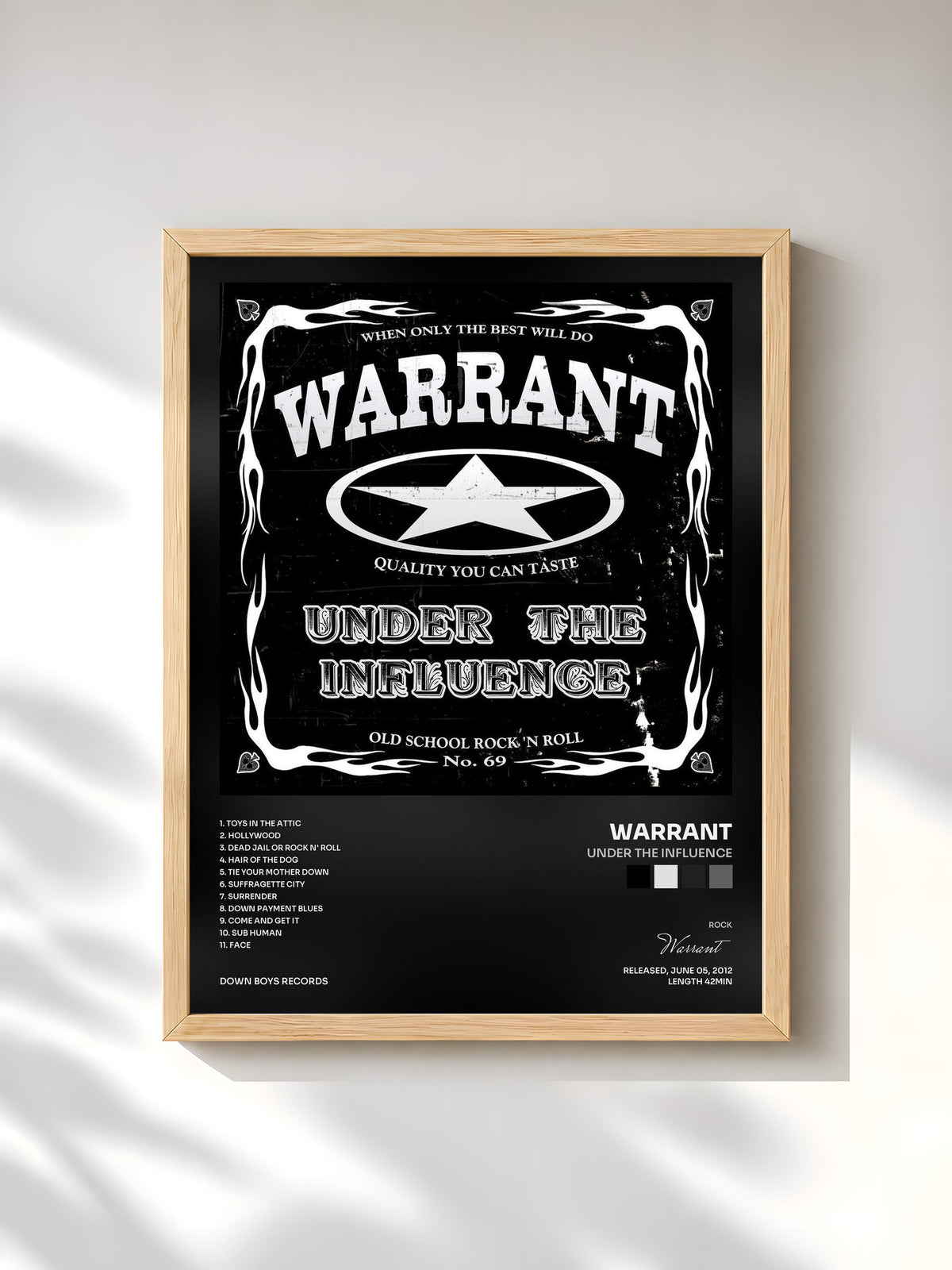 #bois Tableau de l'album Under the Influence de Warrant, cadre en bois brut, imprimé et encadré en France