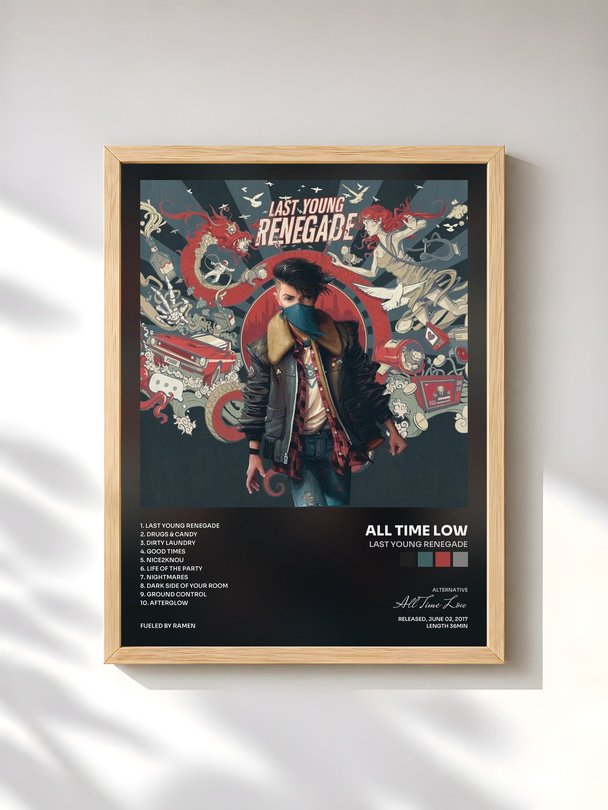 #bois Tableau de l'album Last Young Renegade de All Time Low, cadre en bois brut, imprimé et encadré en France