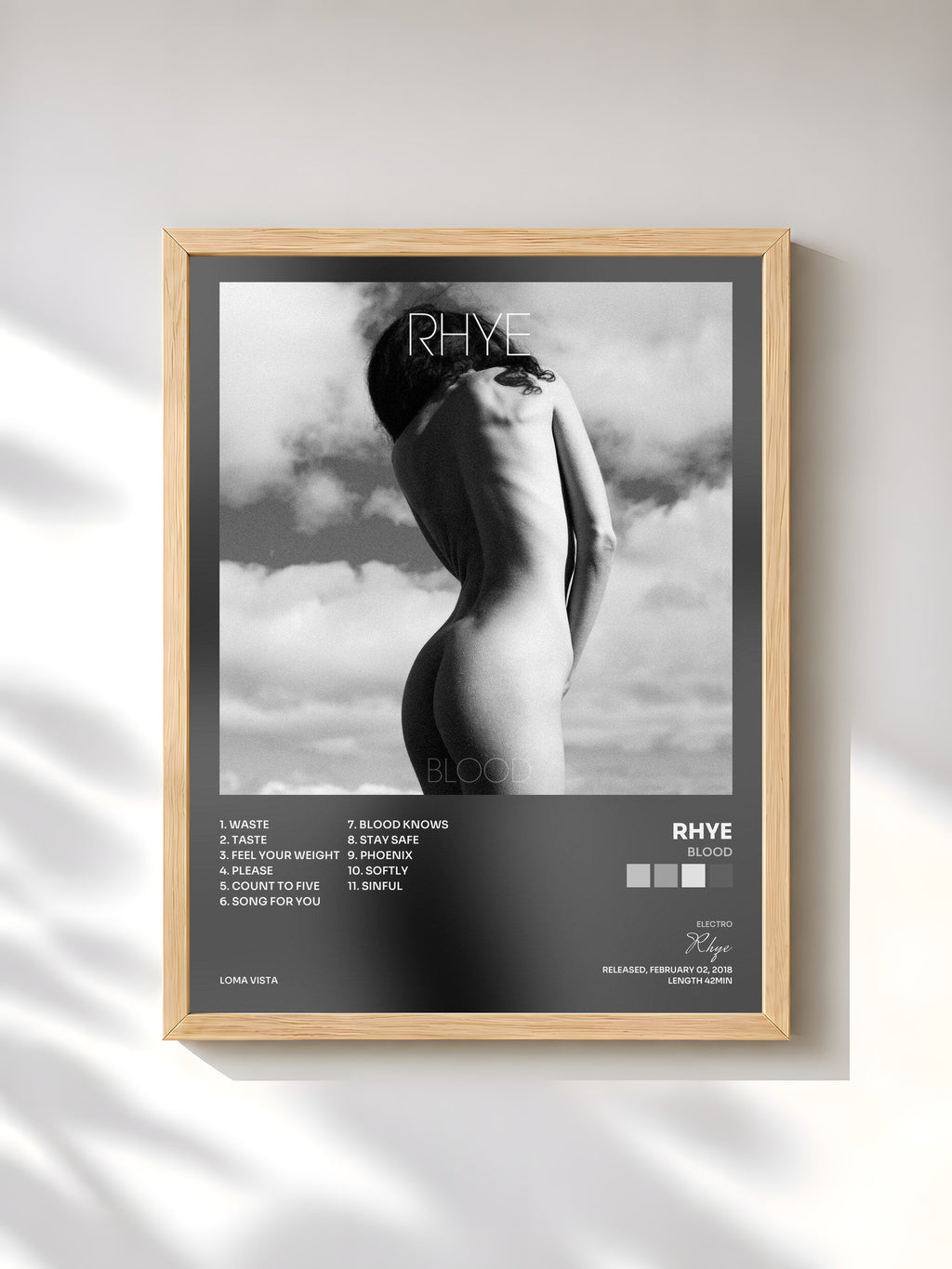 #bois Tableau de l'album Blood de Rhye, cadre en bois brut, imprimé et encadré en France