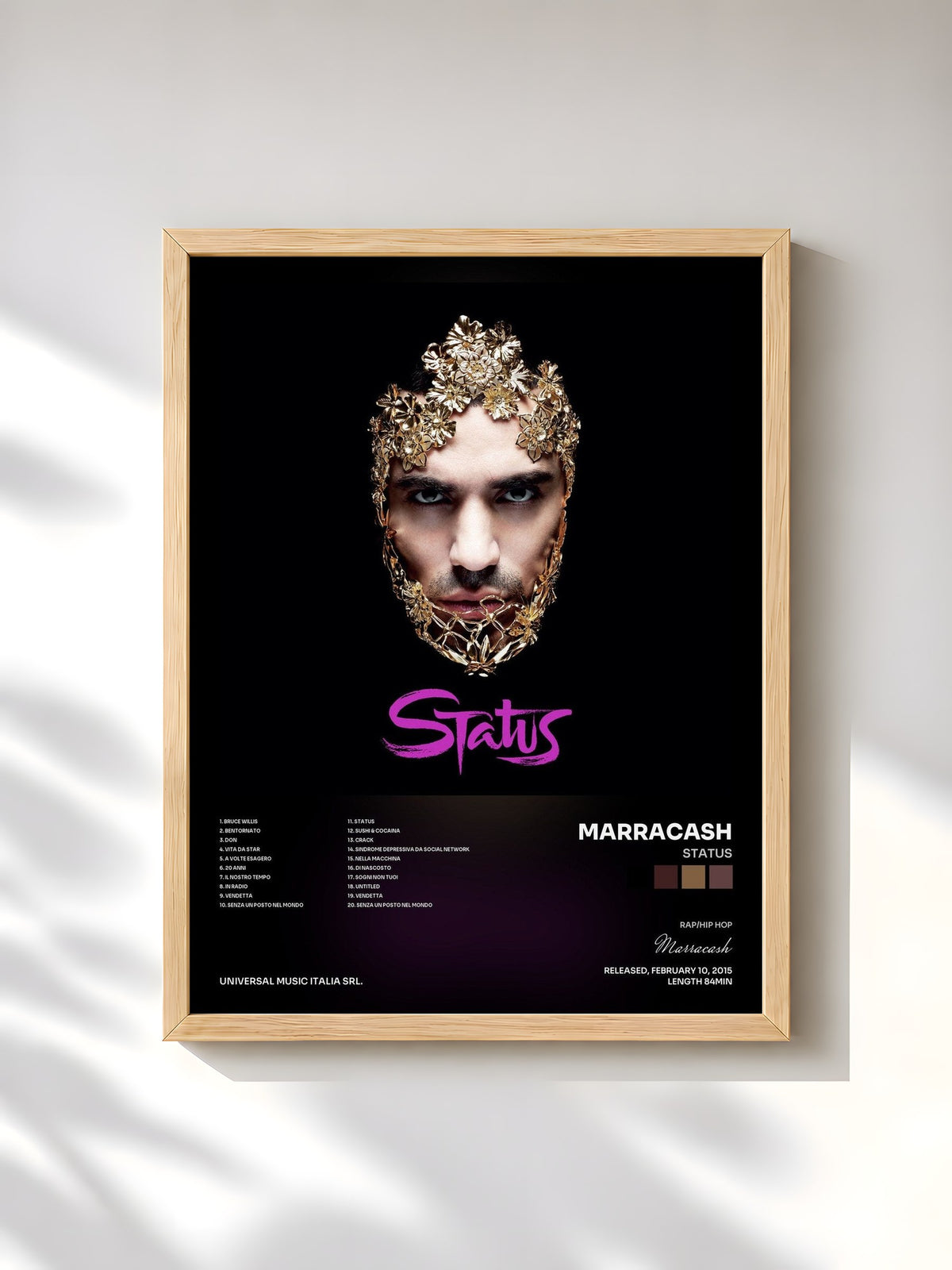 #bois Tableau de l'album Status de Marracash, cadre en bois brut, imprimé et encadré en France